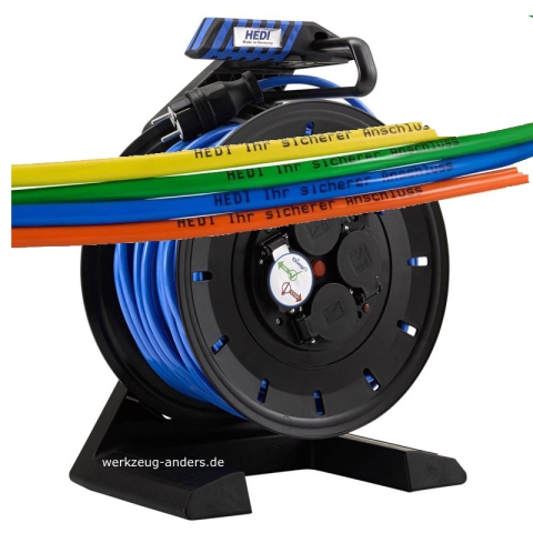 HEDI Vollkunststoff-Kabeltrommel K740QTF-D, 40m, Panzerkabel PLUS versch. Farben, 3G1,5 mit Kabeldruck