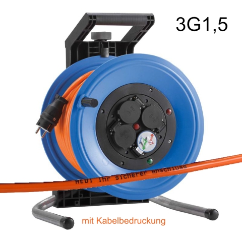 HEDI Kunststoff-Kabeltrommel Professional Plus 320 mm, 40 m, 3G1,5 mit Kabelbedruckung